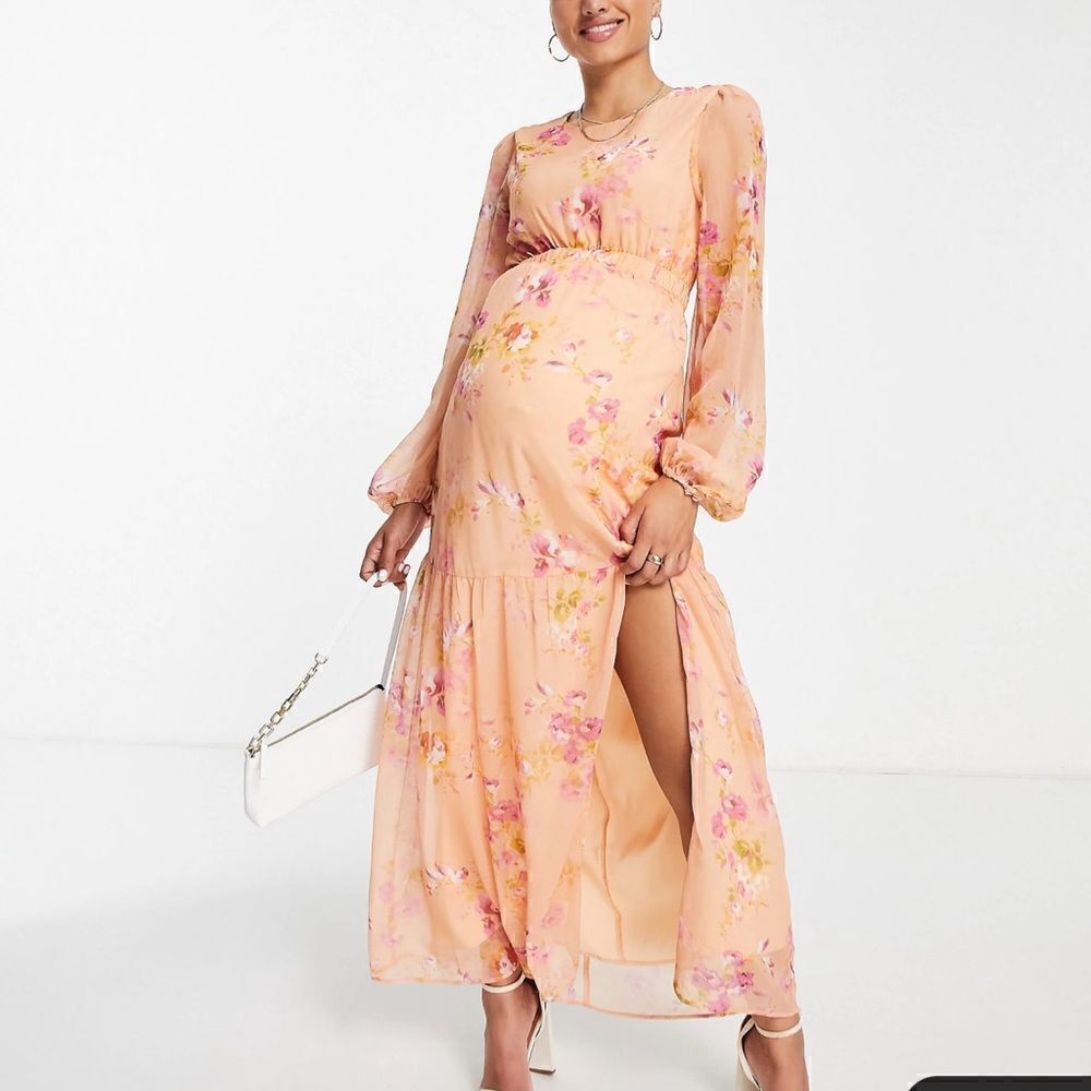 Hope & Ivy Maternity Cut-Out Balloon Sleeve Maxi Peach Floral US 4 NWT IN PKG